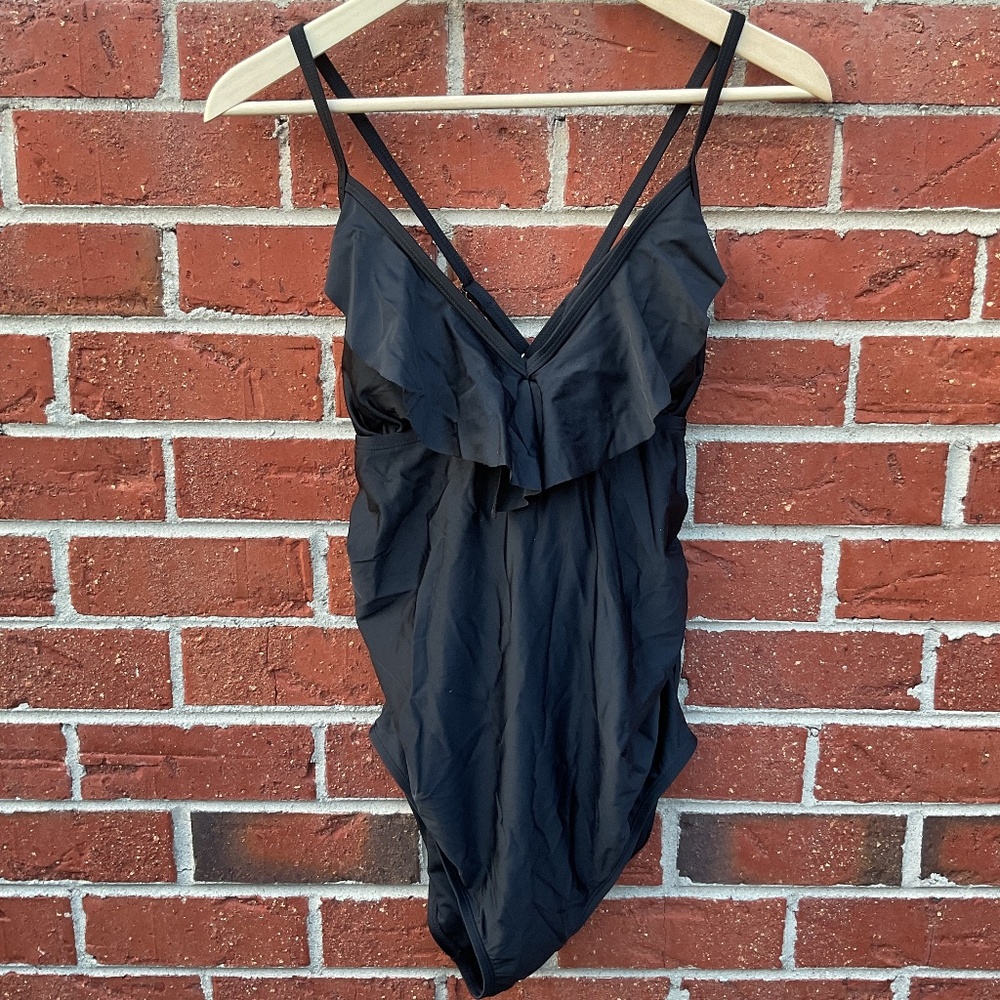 Isabel Maternity One Piece Swimsuit Flounce V Neck Black Women M